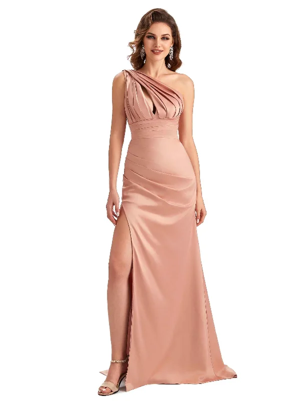 Sexy One Shoulder Side Slit Mermaid Unique Long Satin Party Dress