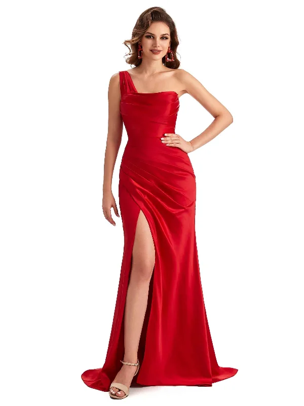 Sexy One Shoulder Side Slit Silky Satin Chic Long Mermaid Trumpet Bridesmaid Dress