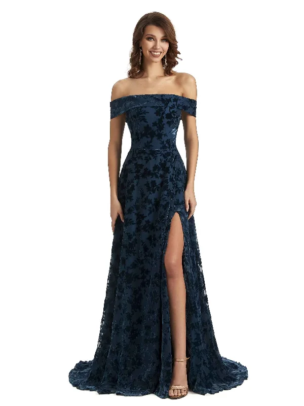 Sexy Side Slit Floral  Velvet Off The Shoulder Long Bridesmaid Dresses Online