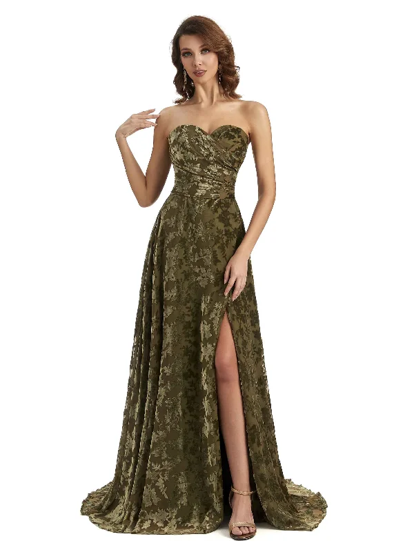 Sexy Side Slit Strapless Floral Velvet Sweetheart Long Bridesmaid Dresses Online