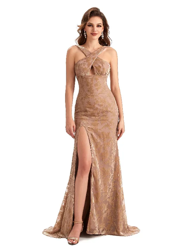 Sexy Side Slit Mermaid Floral Velvet Long Bridesmaid Dresses Online