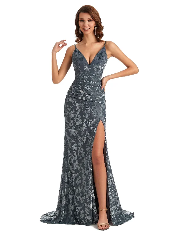 Sexy Side Slit Mermaid Floral Velvet Unique Long Bridesmaid Dresses Online