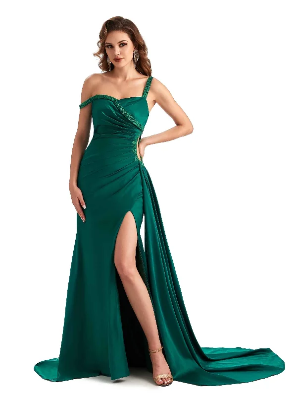 Sexy Side Slit Mermaid Silky Satin One Shoulder Modern Bridesmaid Dresses Online