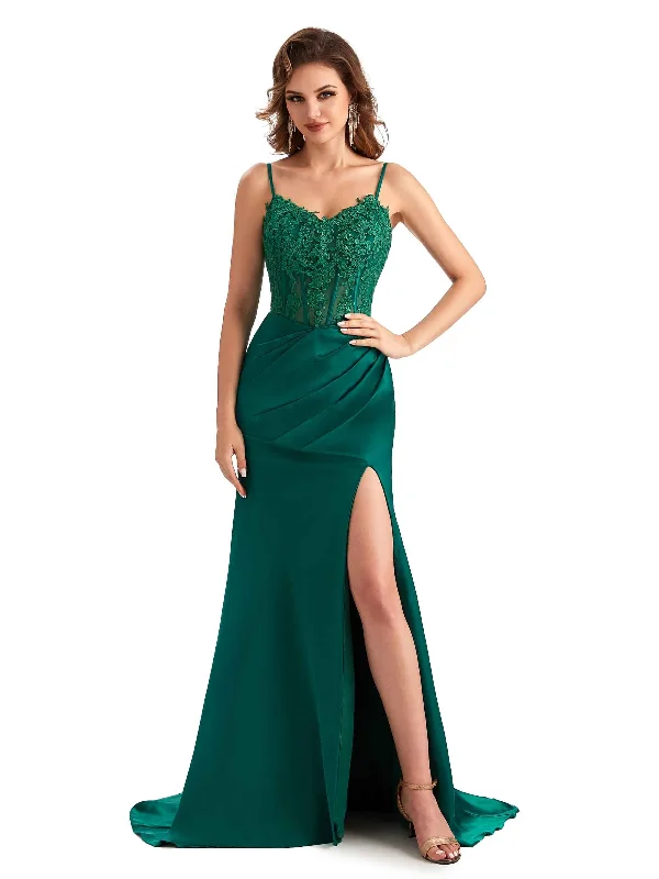 Sexy Side Slit Mermaid Silky Satin Lace See Through Unique Long Bridesmaid Dresses