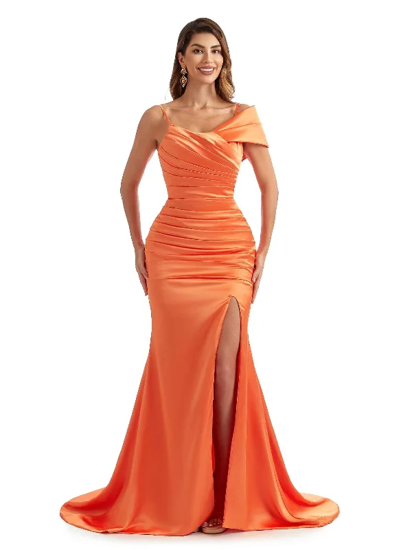 Sexy Side Slit One Shoulder Spaghetti Straps Mermaid Soft Satin Unique Long Bridesmaid Dresses