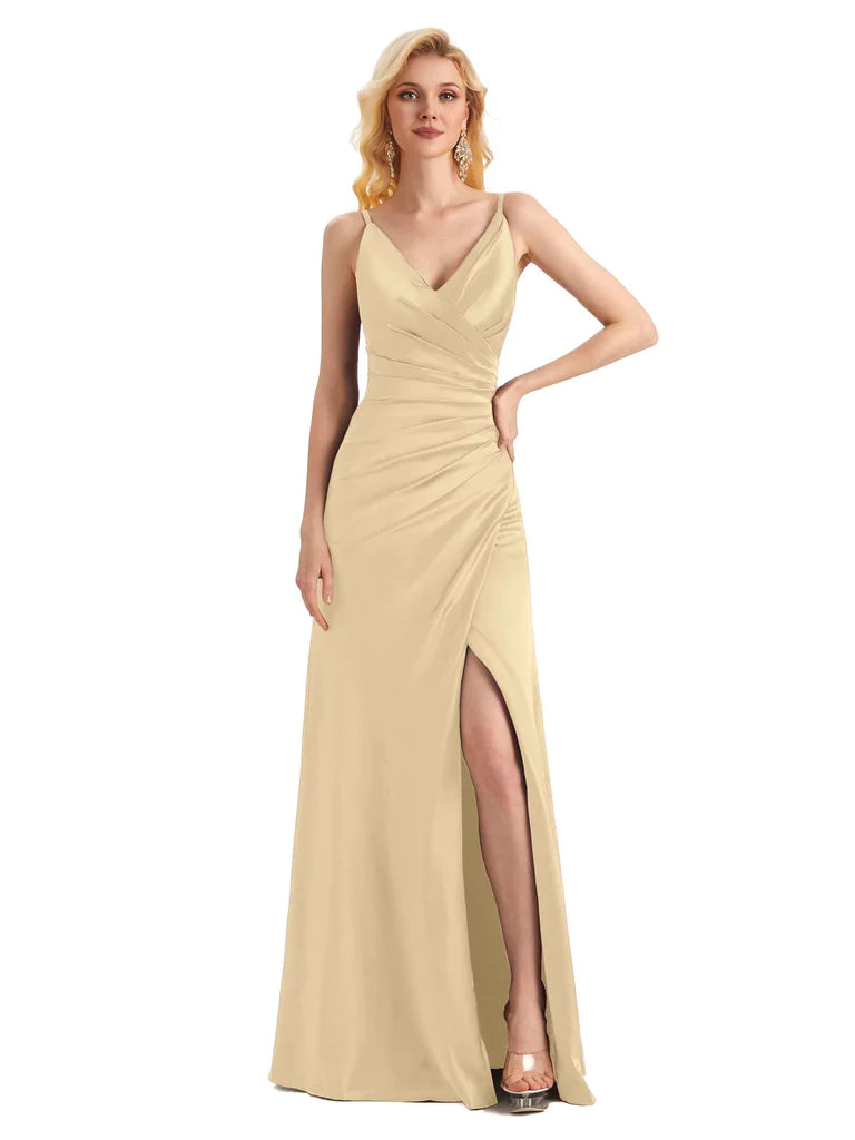 Sexy Side Slit Soft Satin Formal Long Wedding Guest Dresses Online In Stock