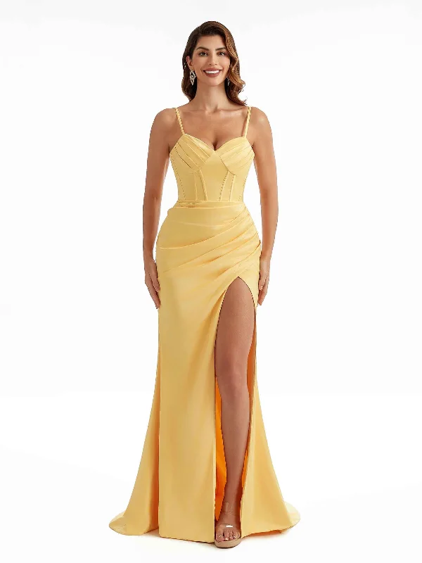 Sexy Side Slit Soft Satin Spaghetti Straps Pleats Long Mermaid Bridesmaid Dresses