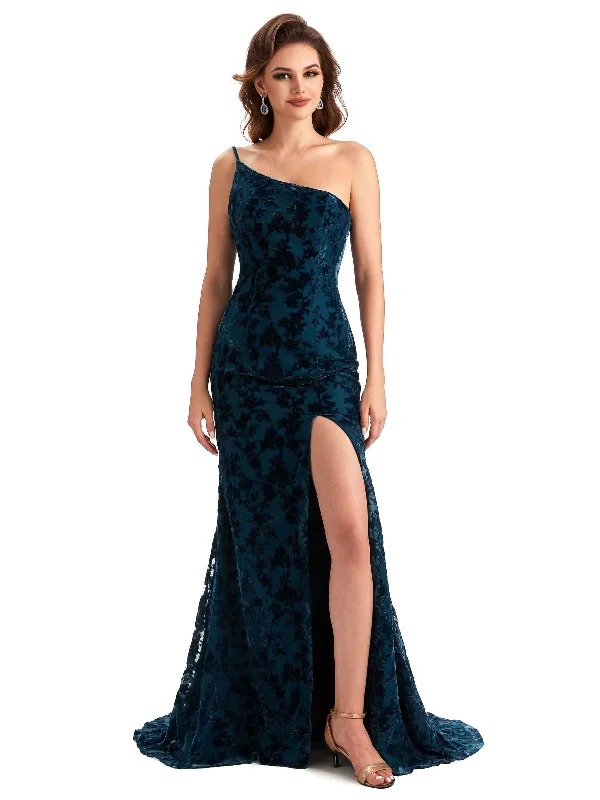 Sexy Side Slit Spaghetti Straps Mermaid Floral Velvet Long Bridesmaid Dresses Online