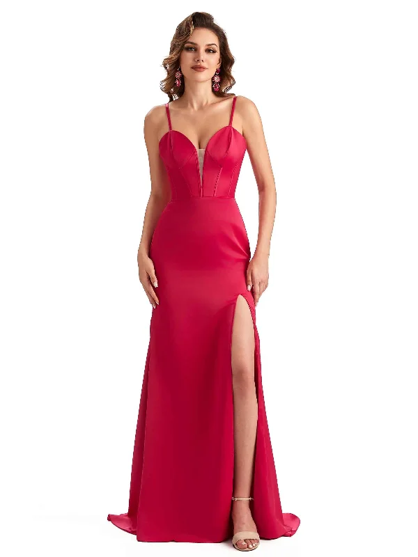 Sexy Side Slit Spaghetti Straps Mermaid Unique Long Satin Dresses For Bridesmaid