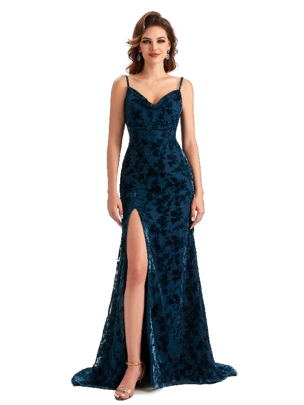 Sexy Side Slit Spaghetti Straps V-Neck Mermaid Floral Velvet Long Bridesmaid Dresses