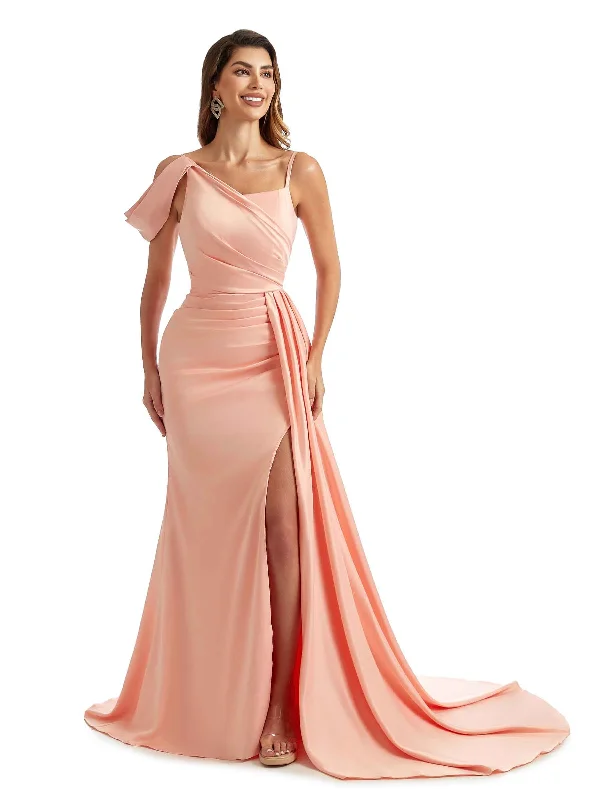 Sexy Side Split Asymmetric Long Satin Boho Formal Bridesmaid Dresses Online