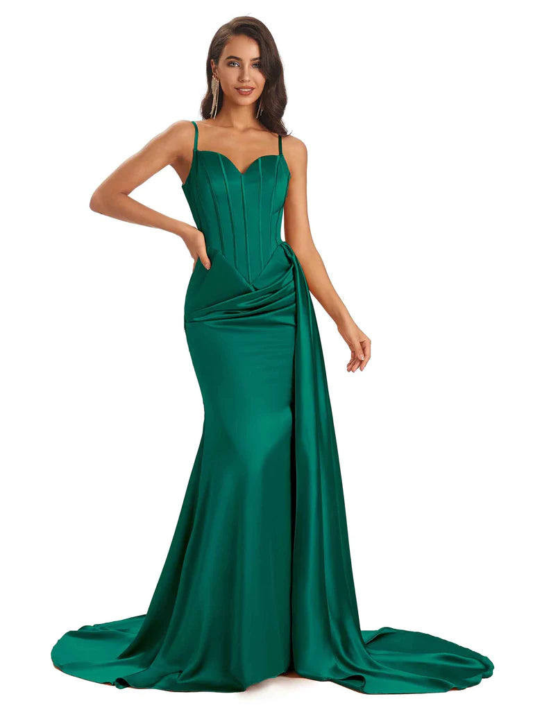 Sexy Soft Satin Mermaid Long Spaghetti Straps Floor-Length Long Bridesmaid Dresses Online In Stock