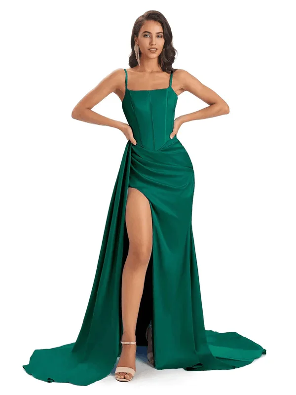 Sexy Soft Satin Side Slit Spaghetti Straps Floor-Length Mermaid Modern Bridesmaid Dresses In Stock