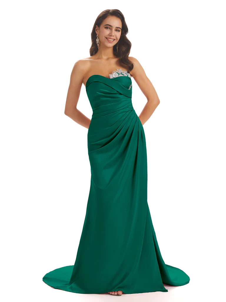 Sexy Soft Satin Side Slit Sweetheart Long Mermaid Bridesmaid Dresses In Stock