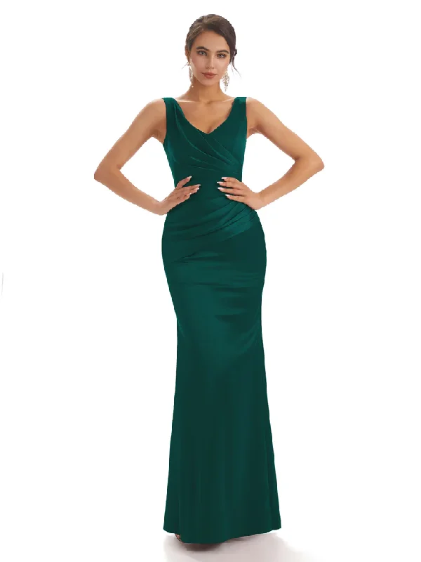 Sexy Soft Satin Sleeveless With Pleats V-Neck Floor-Length Mermaid Bridesmaid Dresses In Stock