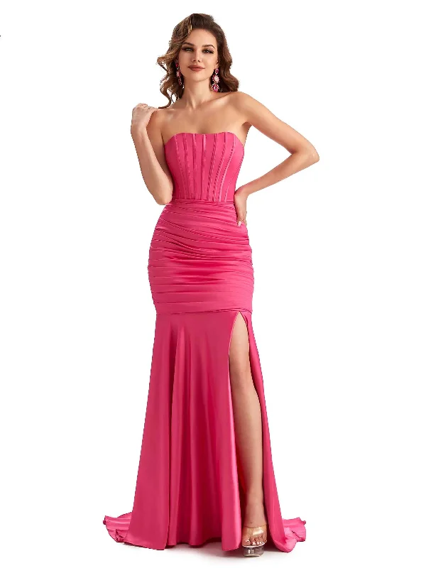 Sexy Strapless Side Slit Mermaid Silky Satin Formal Gown