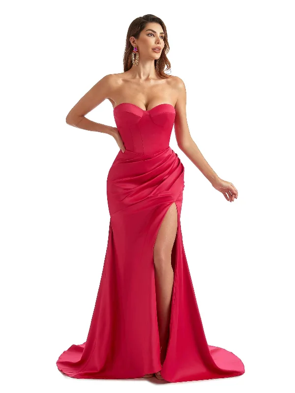 Sexy Strapless Sweetheart Mermaid Soft Satin Unique Long Bridesmaid Dresses