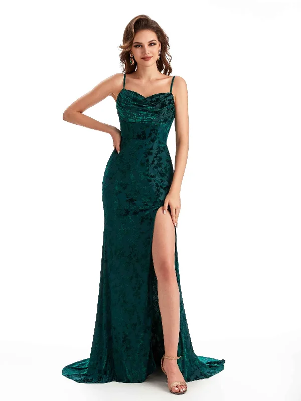 Sexy Spaghetti Straps Side Slit Mermaid Floral Velvet Long Bridesmaid Dresses Online