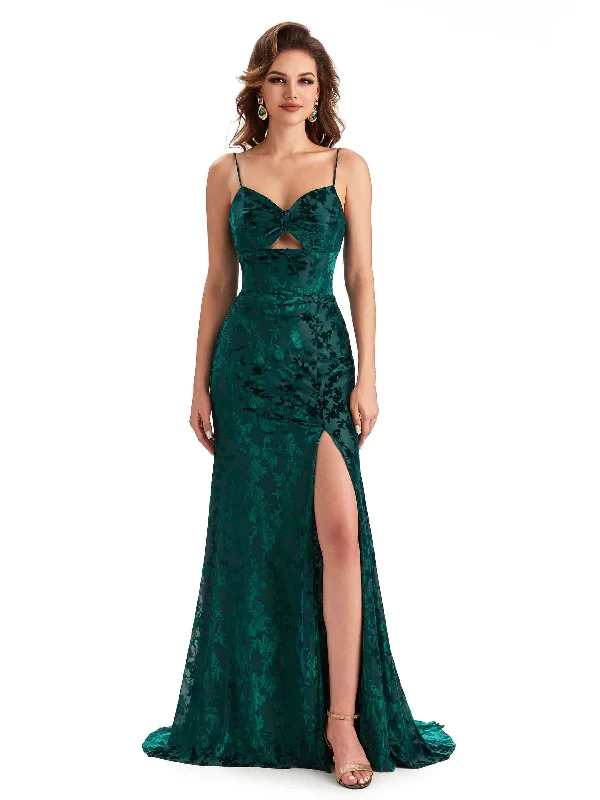 Sexy Spaghetti Straps Side Slit Mermaid Floral Velvet Long Modern Bridesmaid Dresses