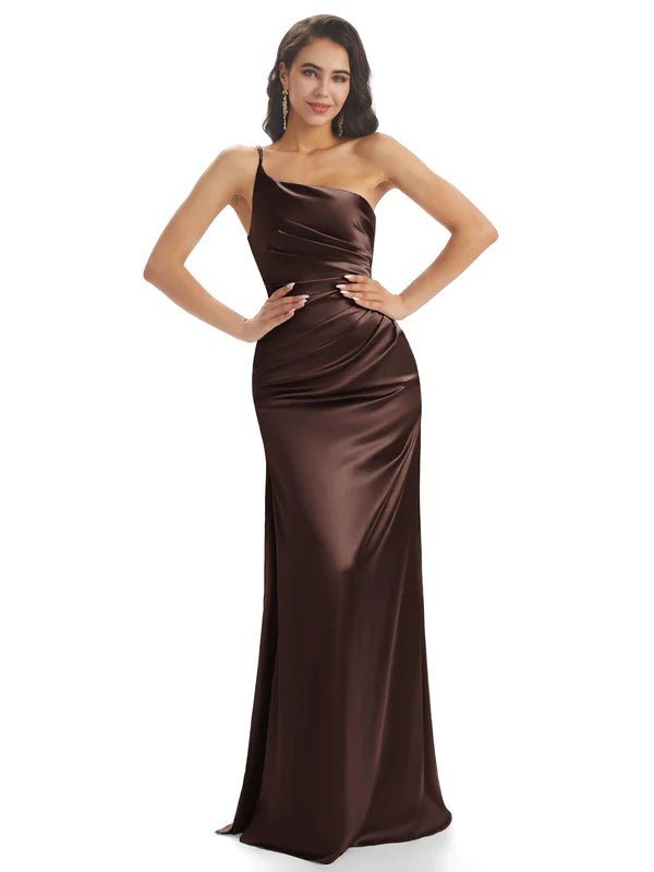 Simple Soft Satin One Shoulder Side Slit Mermaid Long Bridesmaid Dresses In Stock