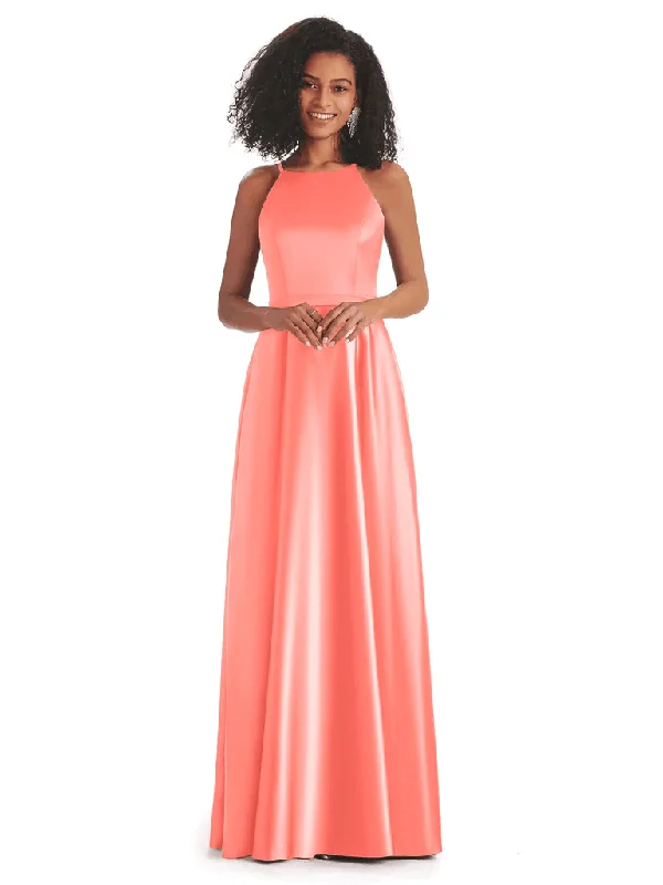 Soft Satin A-Line Halter Floor-Length Mermaid African Bridesmaid Dresses In Stock