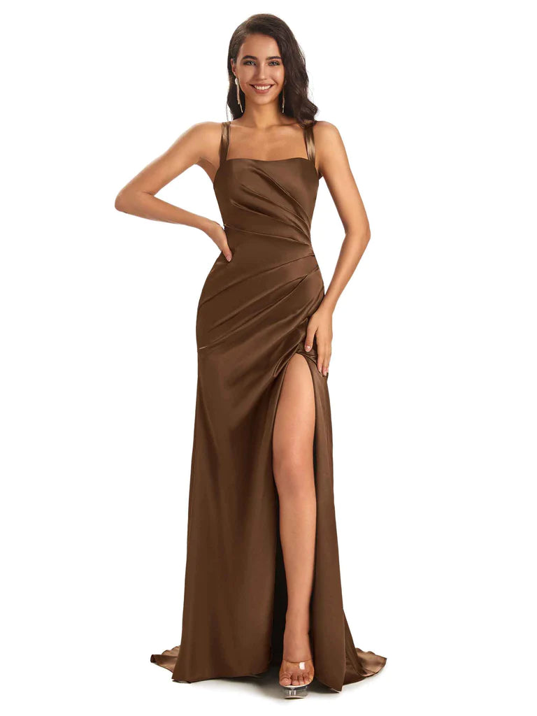 Soft Satin Straps Sheath Side Slit Cross Back Sexy Mermaid Bridesmaid Dresses Online In Stock