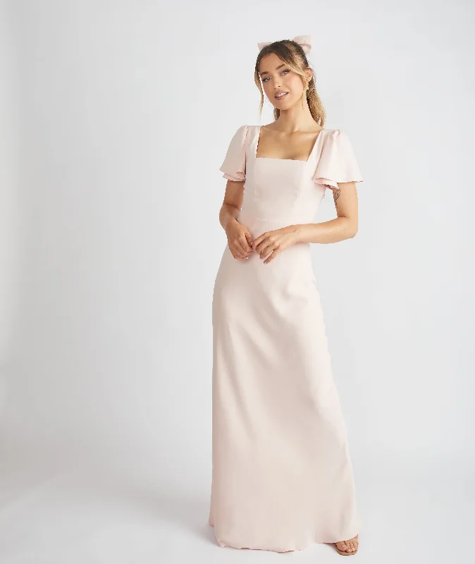 Square Neck Flutter Sleeve Crepe Bridesmaid Dress - Blush