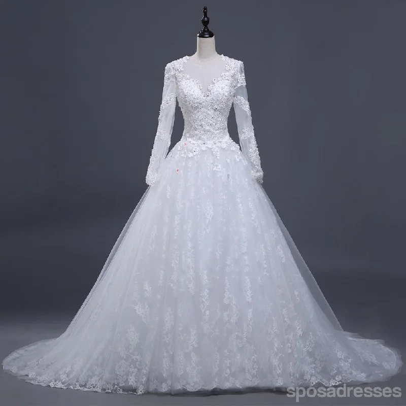 2018 Sexy See Through Long Sleeve Lace A line Wedding Bridal Dresses, Affordable Custom Made Wedding Bridal Dresses, WD267