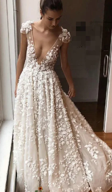 Deep V Neck Wedding Dresses Bridal Gown with 3D Flowers