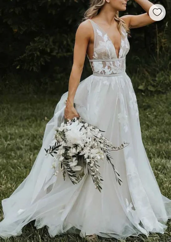 Deep V Neck Wedding Dresses Bridal Gown with Lace