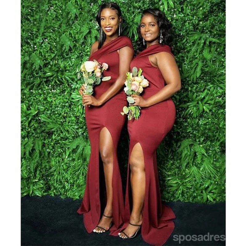 Dusty Red Mermaid One Shoulder Side Slit Cheap Long Bridesmaid Dresses,WG1555