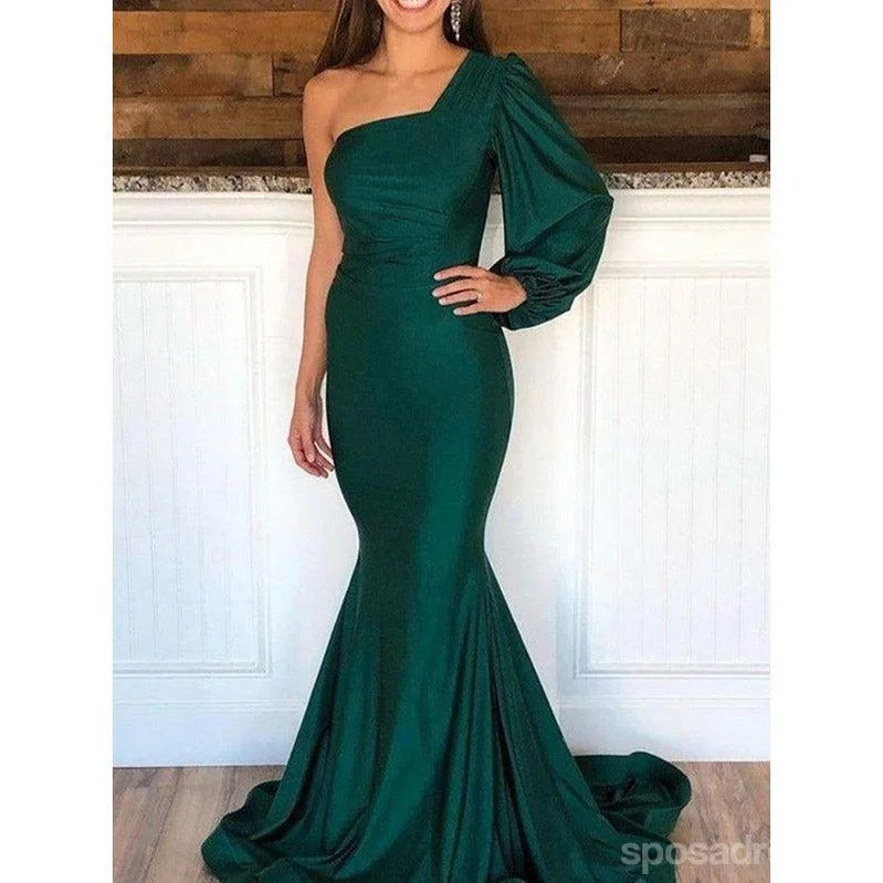 Emerald Green Mermaid One Shoulder Long Sleeves Cheap Bridesmaid Dresses,WG1471