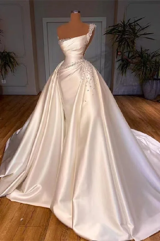 Luxury One Shoulder Wedding Dresses Bridal Gown with Beading