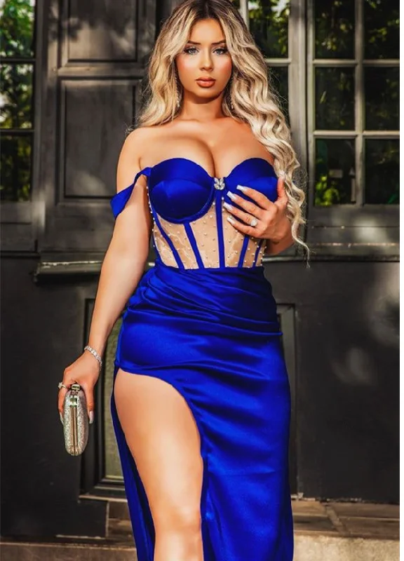 Off Shoulder Prom Dresses Royal Blue Slit Side