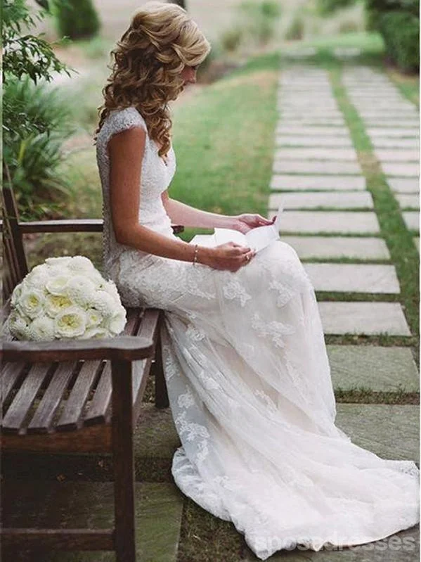 Open Back Cap Sleeves Lace Mermaid Long Wedding Bridal Dresses, WD291