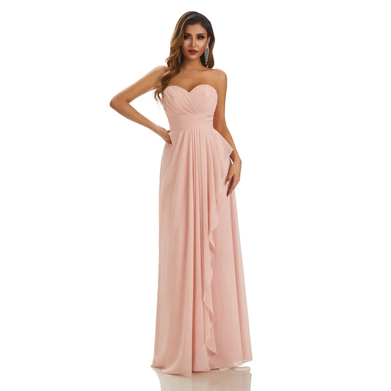 Pink A-line Strapless Sweetheart Cheap Chiffon Long Bridesmaid Dresses,WG1609