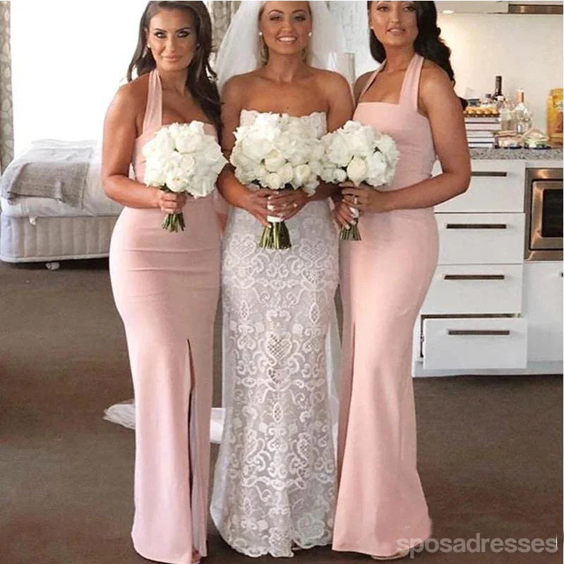 Pink Mermaid Halter Side Slit Cheap Long Bridesmaid Dresses,WG1516