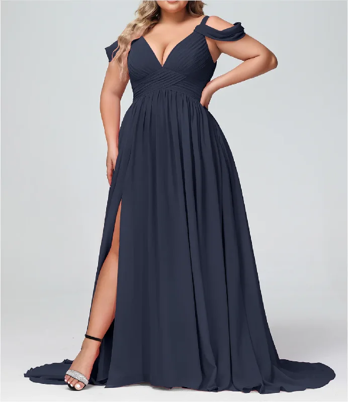 Plus Size Off Shoulder Bridesmaid Dresses Navy Blue Slit Side