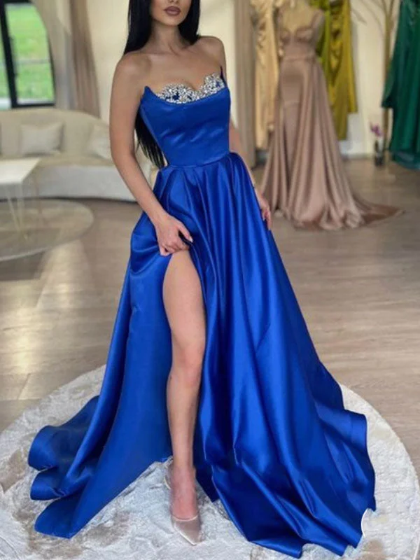 Prom Dresses Royal Blue Slit Side Sweetheart with Beading