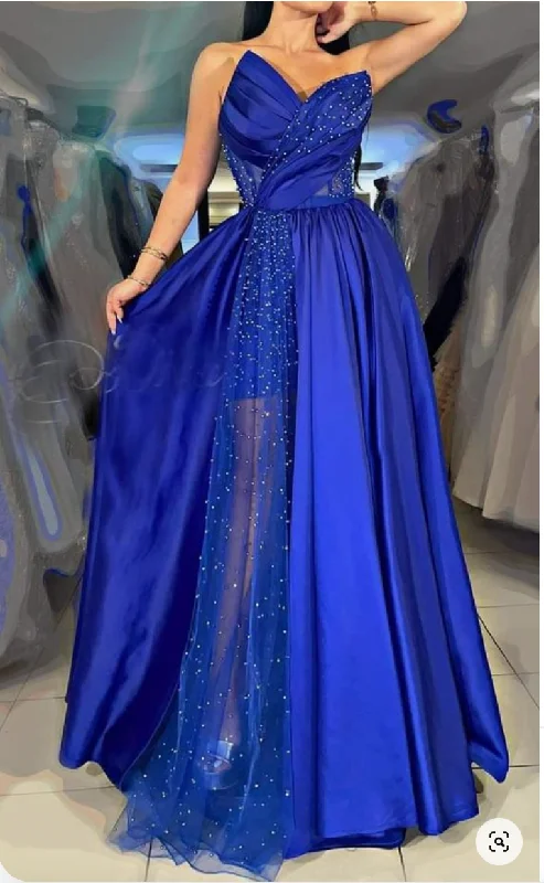 Prom Dresses Royal Blue Slit Side Sweetheart with Pears