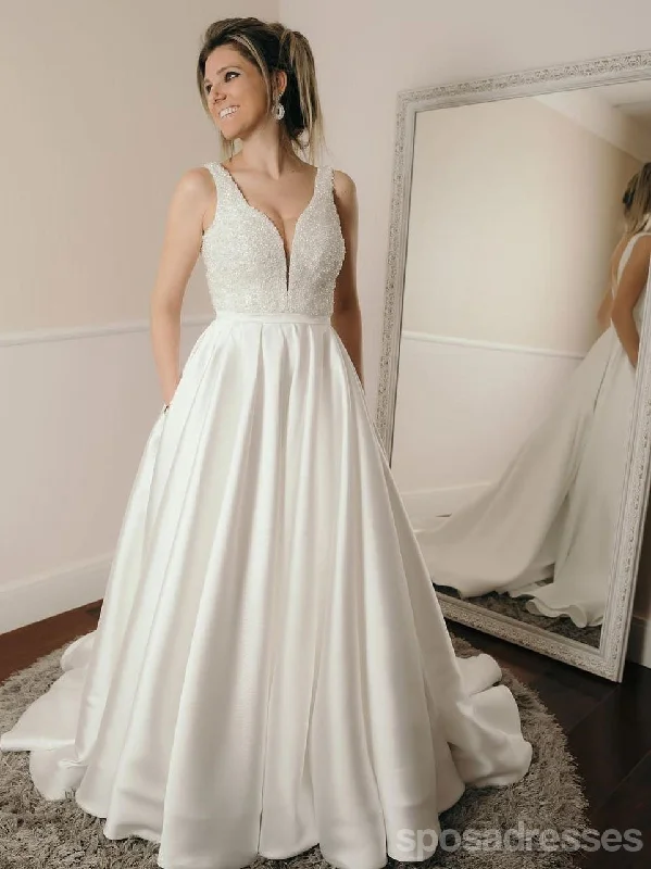 Sexy Backless V Neck A-line Custom Wedding Dresses Online, WD350