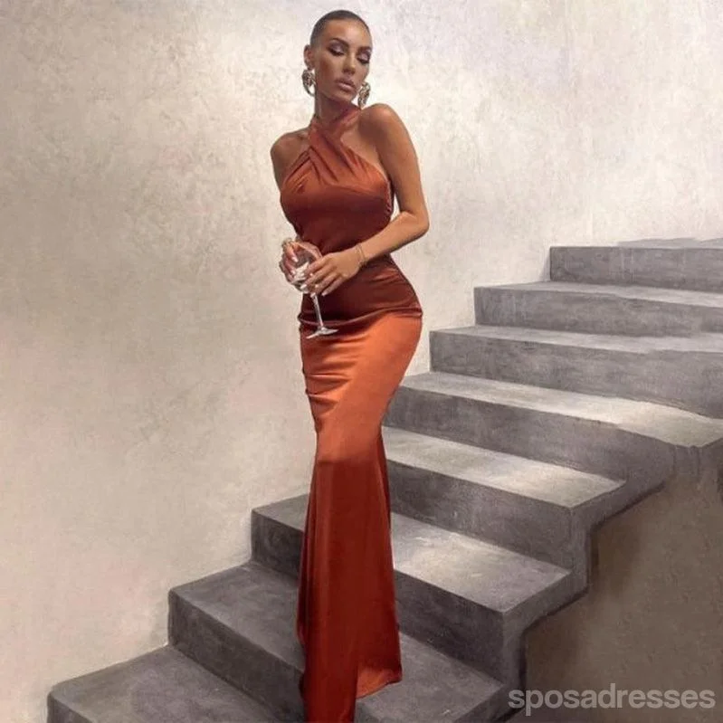 Sexy Burnt Orange Mermaid Halter Cheap Long Bridesmaid Dresses,WG1478