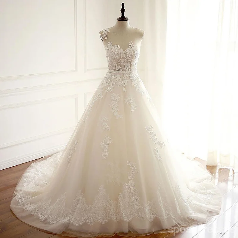 Sexy See Through Lace Beaded Scoop Neckline A line Wedding Bridal Dresses, Affordable Custom Made Wedding Bridal Dresses, WD263