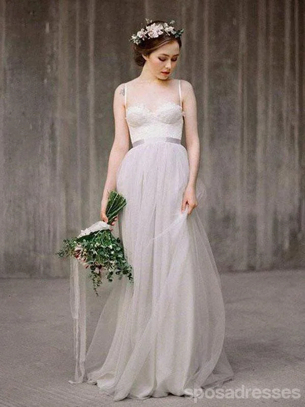 Simple Illusion Spahgetti Straps Tulle A-line Wedding Dresses Online, WD369