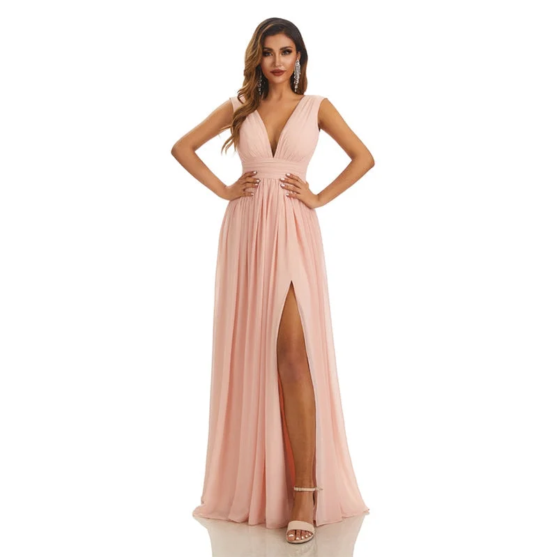 Simple Pink A-line High Slit Cheap Chiffon Long Bridesmaid Dresses,WG1606