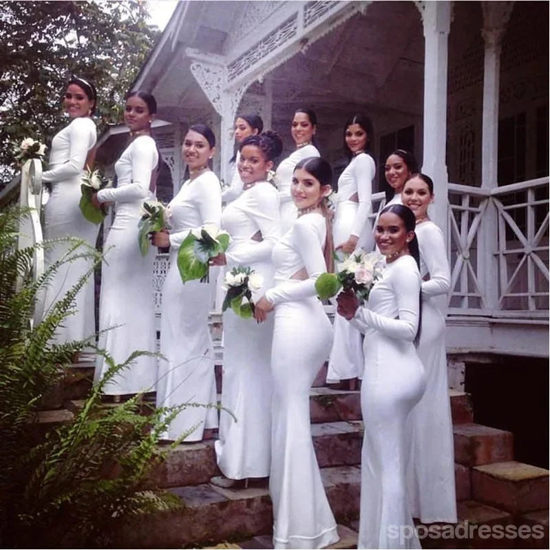 Simple White Mermaid Long Sleeves Cheap Bridesmaid Dresses Online,WG1601