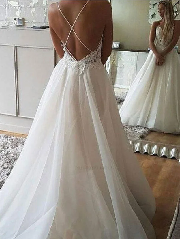 Spaghetti Straps Criss Cross Long Wedding Dresses Bridal Gown