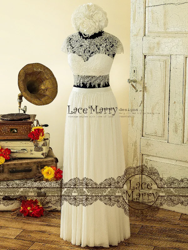 Two Piece Wedding Dress, Sheer Lace Crop Top with Bustier