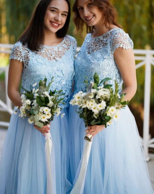 Two Piece Bridesmaid Dresses Cap Sleeves Lace Top