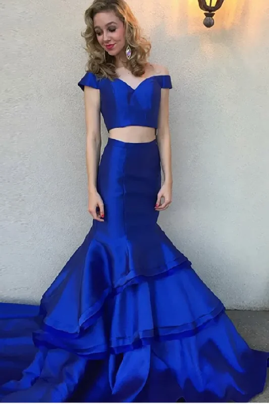 Two Piece Royal Blue Prom Dresses Mermaid Off Shoulder